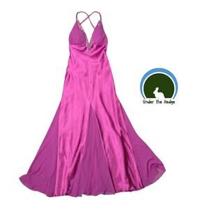 Vtg Flip Fuchsia Satin Finish Beaded Halter Formal Gown Dress | Size 2 | Flare